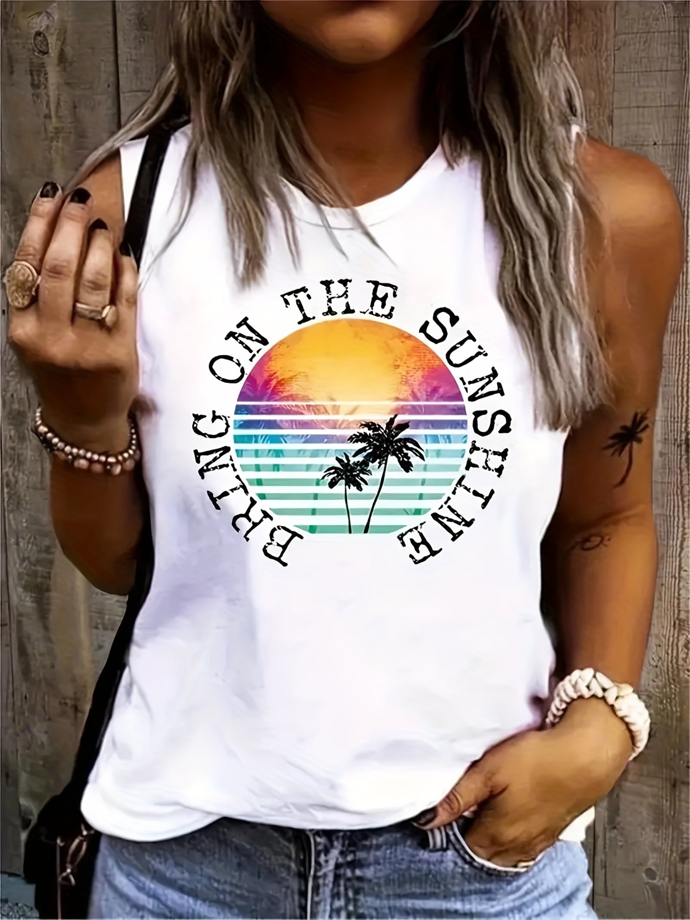  Tropical Slogan Print Tank Top Womens Casual Round Neck Stretch