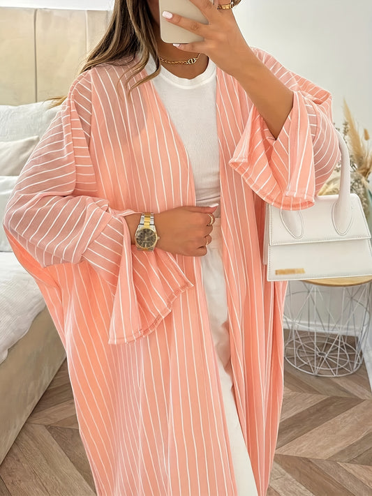  Stripe Print Bell Sleeve Open Front Maxi Cardigan