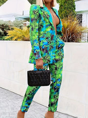  Casual Suit Set Women's Plus Allover Print Blazer & Pants Suit