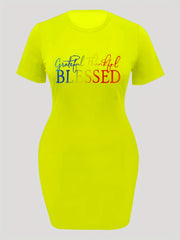  Casual Dress Women's Plus Slogan Print Short Sleeve Round Neck Dress