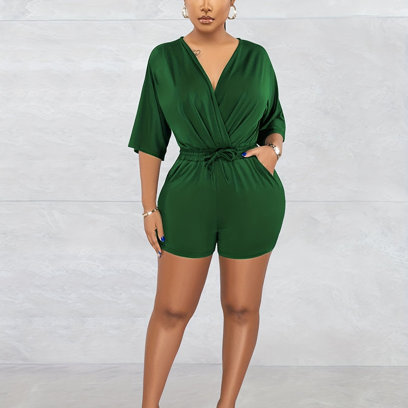 Drawstring Waist Romper Jumpsuit V-Neck Casual Short Sleeve