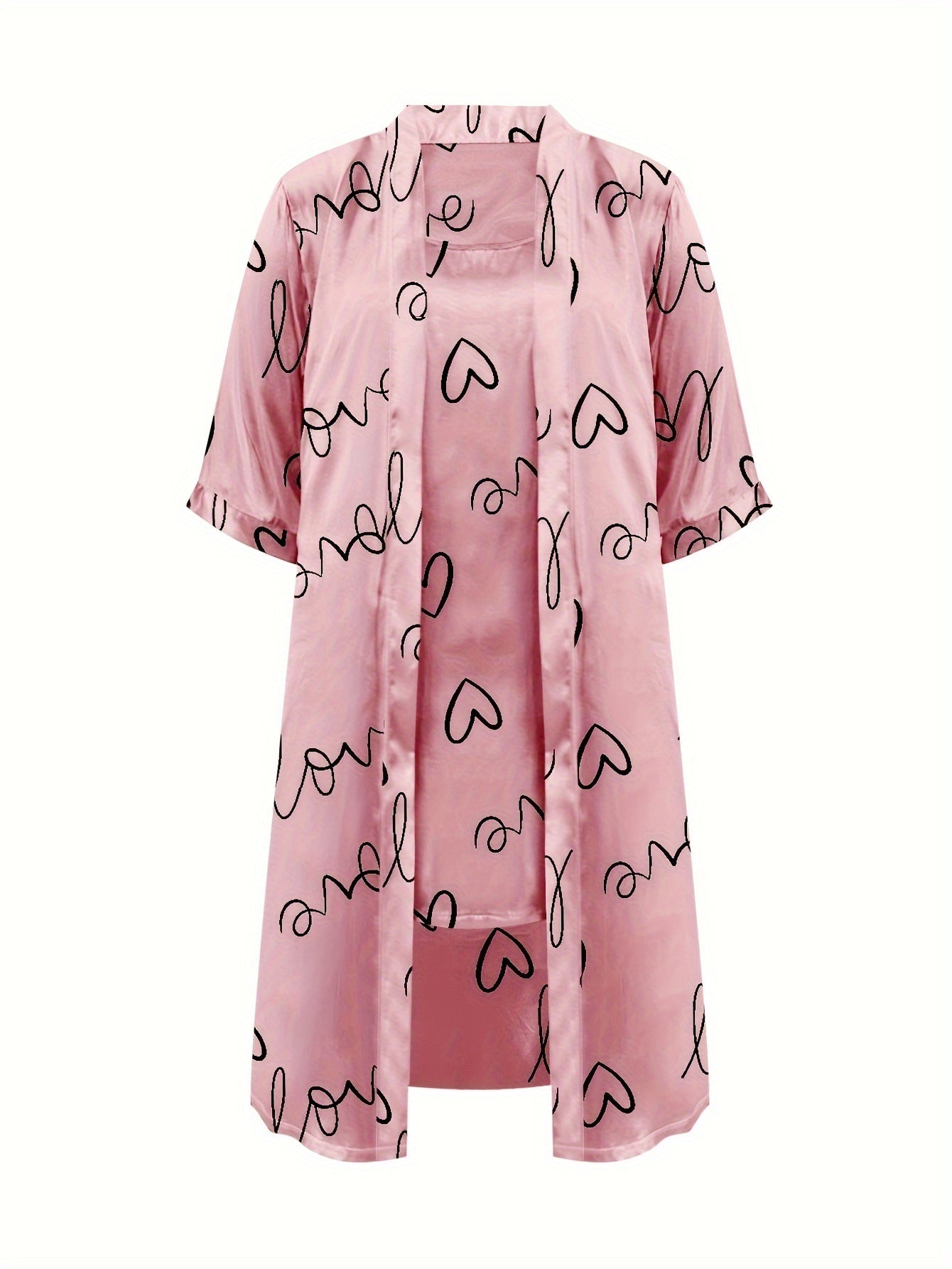  Heart Print Robe & Cami Satin Loungewear Set