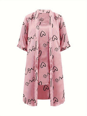  Heart Print Robe & Cami Satin Loungewear Set
