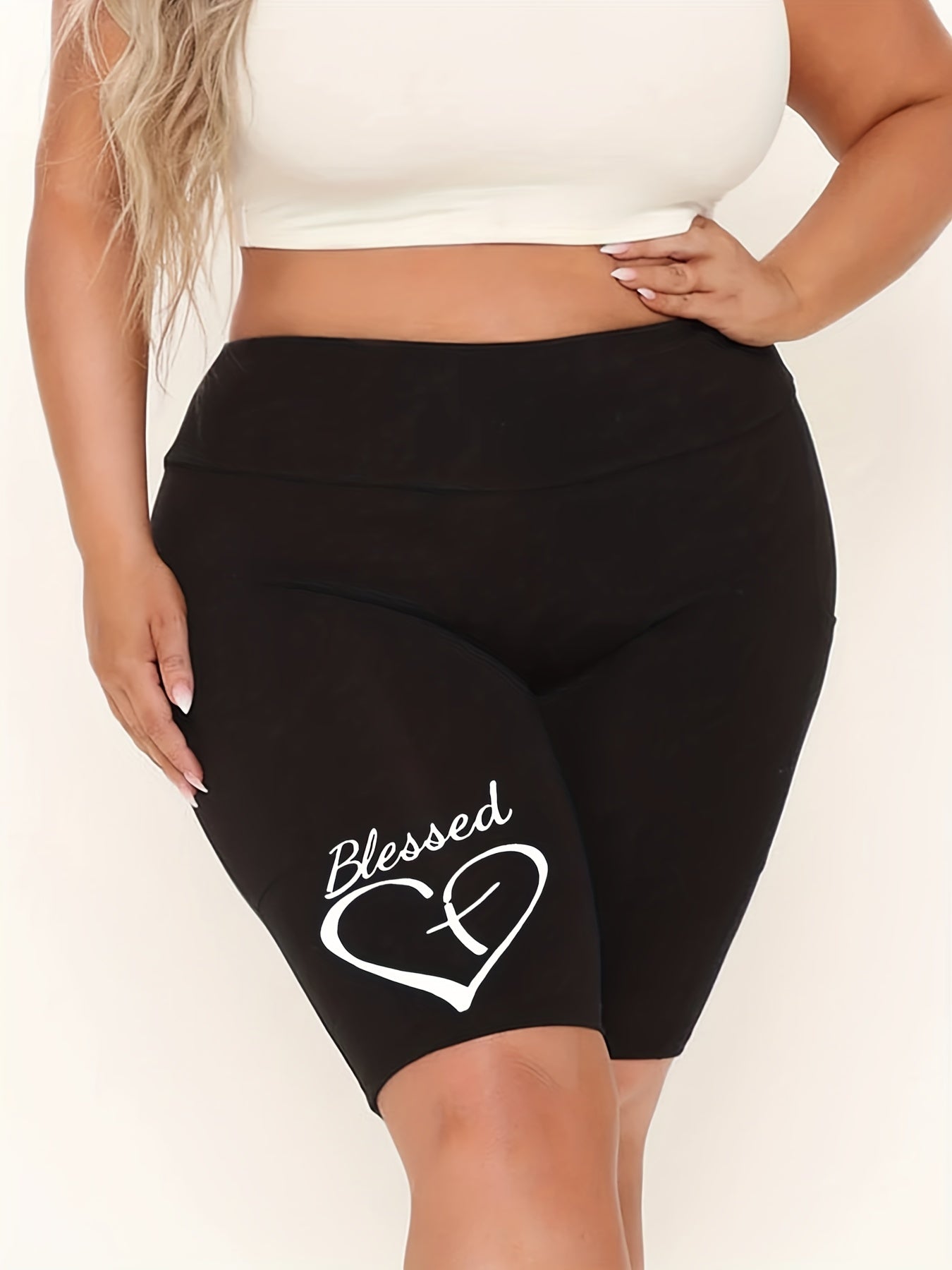 Women's Plus Cross Heart Print High Rise Stretch Biker Shorts
