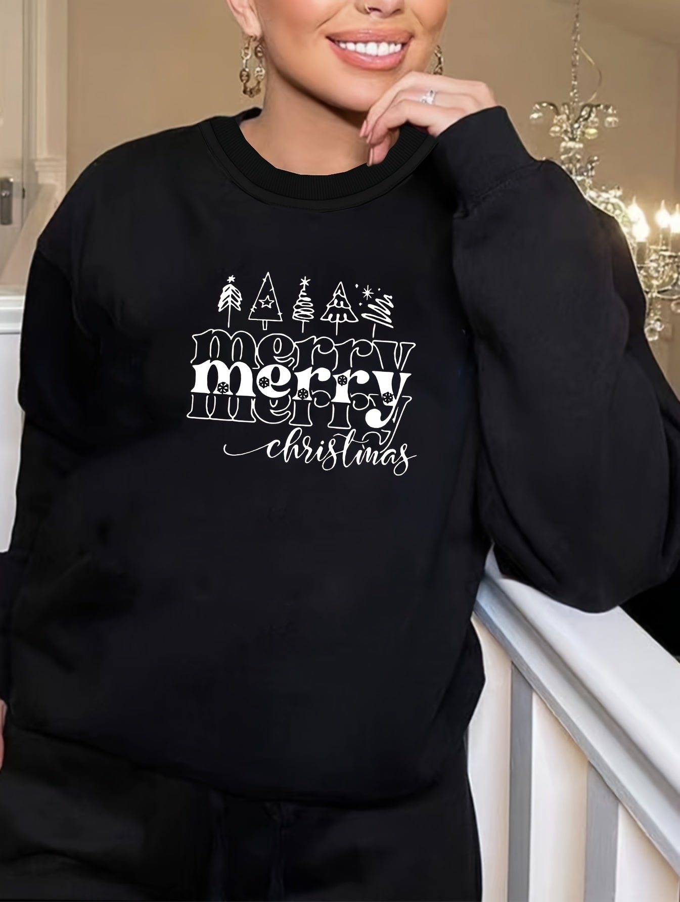  Christmas Lounge Top Women's Plus Christmas Tree Print Long Sleeve Tee