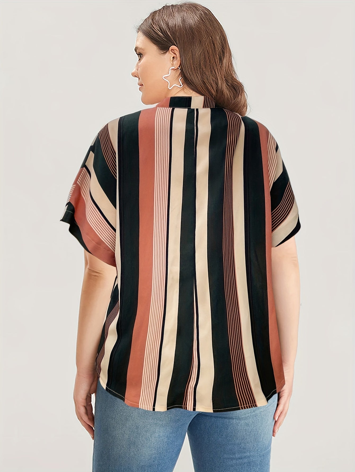  Striped Print Batwing Sleeve Notched Neck Top