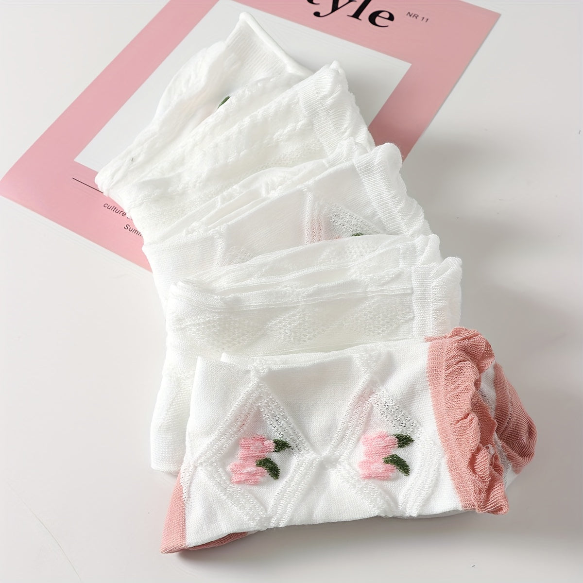 5 Pairs Floral Print Ruffle Socks for Women