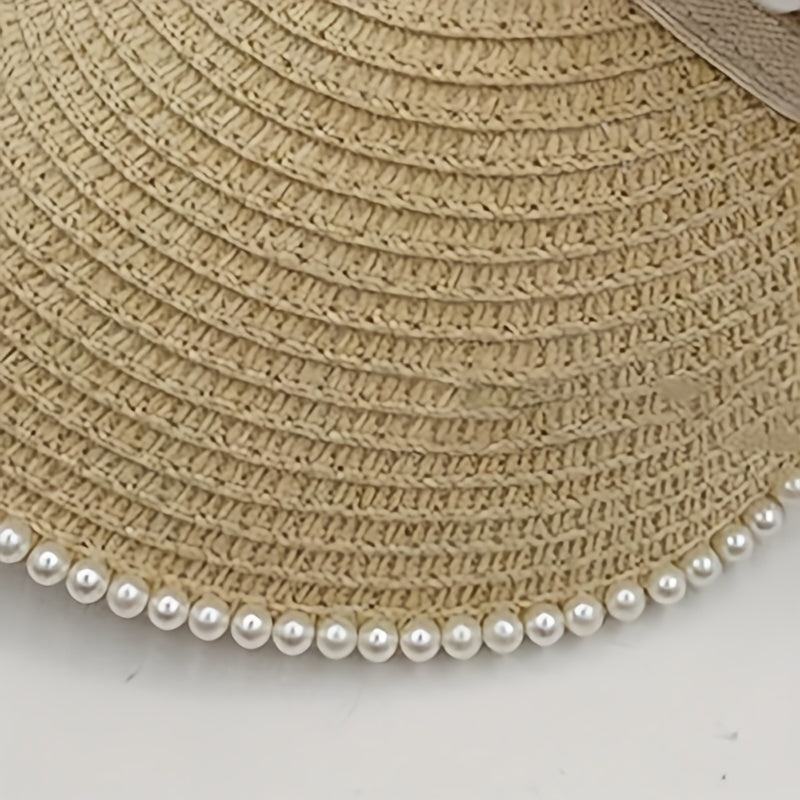 Faux Pearl Decor Visor Hat Beige Straw Hat Outdoor UV Protection Sun Hat