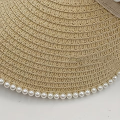 Faux Pearl Decor Visor Hat Beige Straw Hat Outdoor UV Protection Sun Hat
