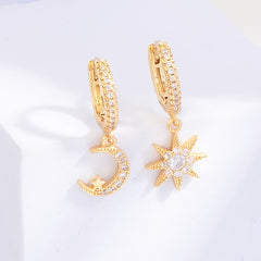 Sun & Moon Zircon Drop Hoop Earrings 18K Plated Ear Jewelry Gift