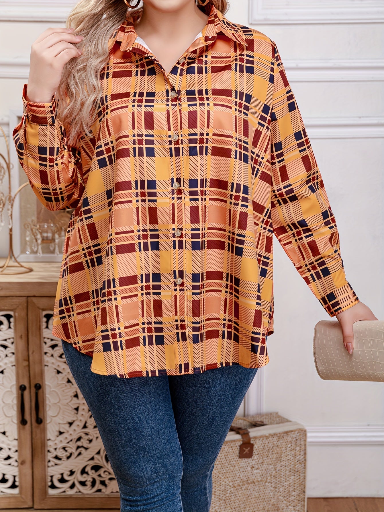  Plaid Print Button Up Long Sleeve Blouse