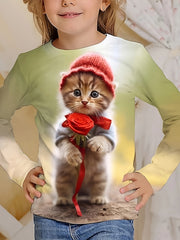 Cartoon Kitty & Rose Flower Long Sleeve T shirt Girls Spring Fall