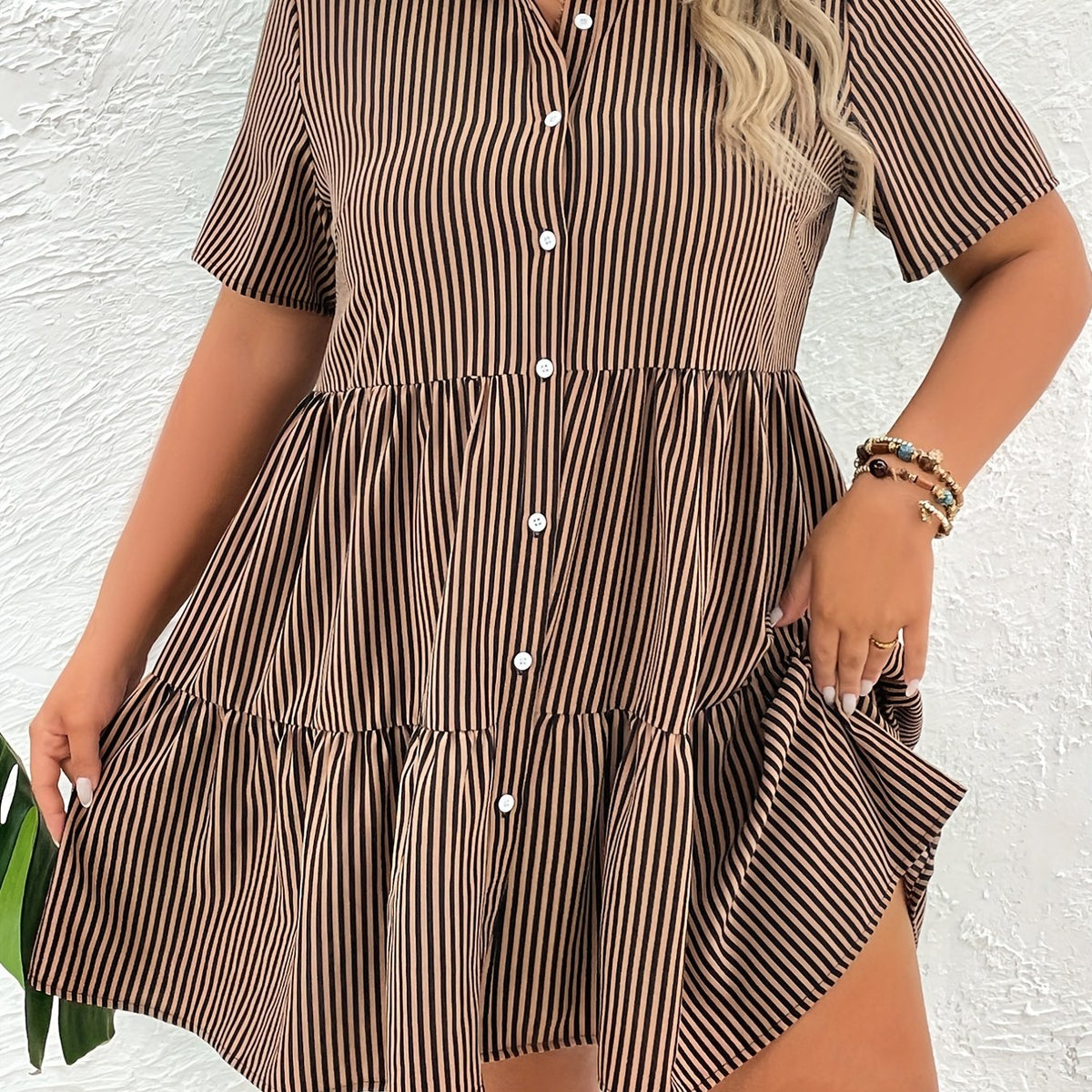  Stripe Print Button Up Casual Shirt Dress
