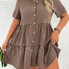  Stripe Print Button Up Casual Shirt Dress