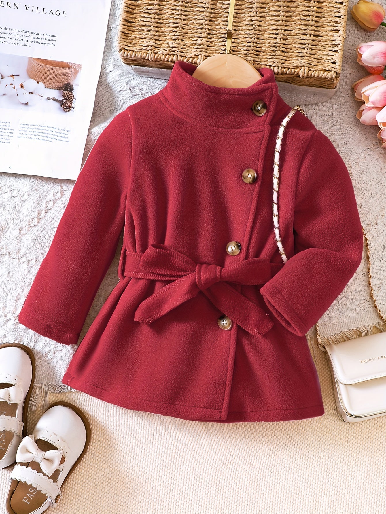 Baby Girls Solid Jacket Stand Collar Bow Belt Long Sleeve Button Warm Coat