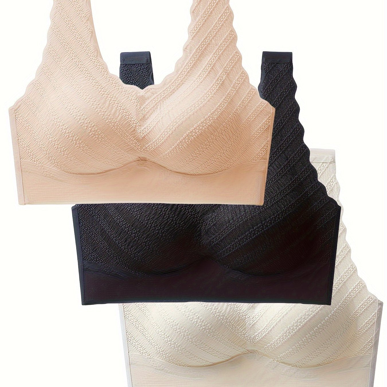 3pcs Scallop Trim Wireless Push Up Bra Women's Lingerie