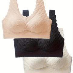 3pcs Scallop Trim Wireless Push Up Bra Women's Lingerie