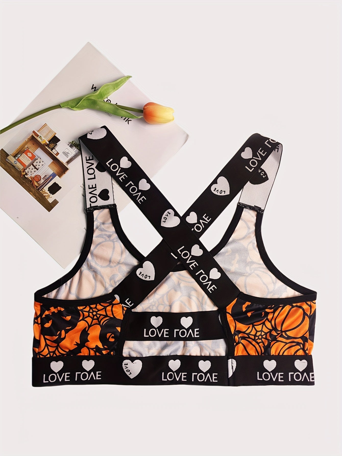  Gothic Bra Women's Pumpkin Print Crisscross Back Bra