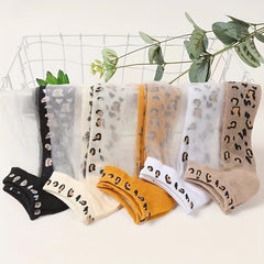 5 Pairs Leopard Print Mesh Socks Sheer Ankle Stockings Hosiery