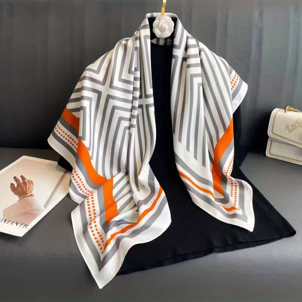 Striped Print Silk Square Scarf Women Head Wrap Sunscreen Shawl