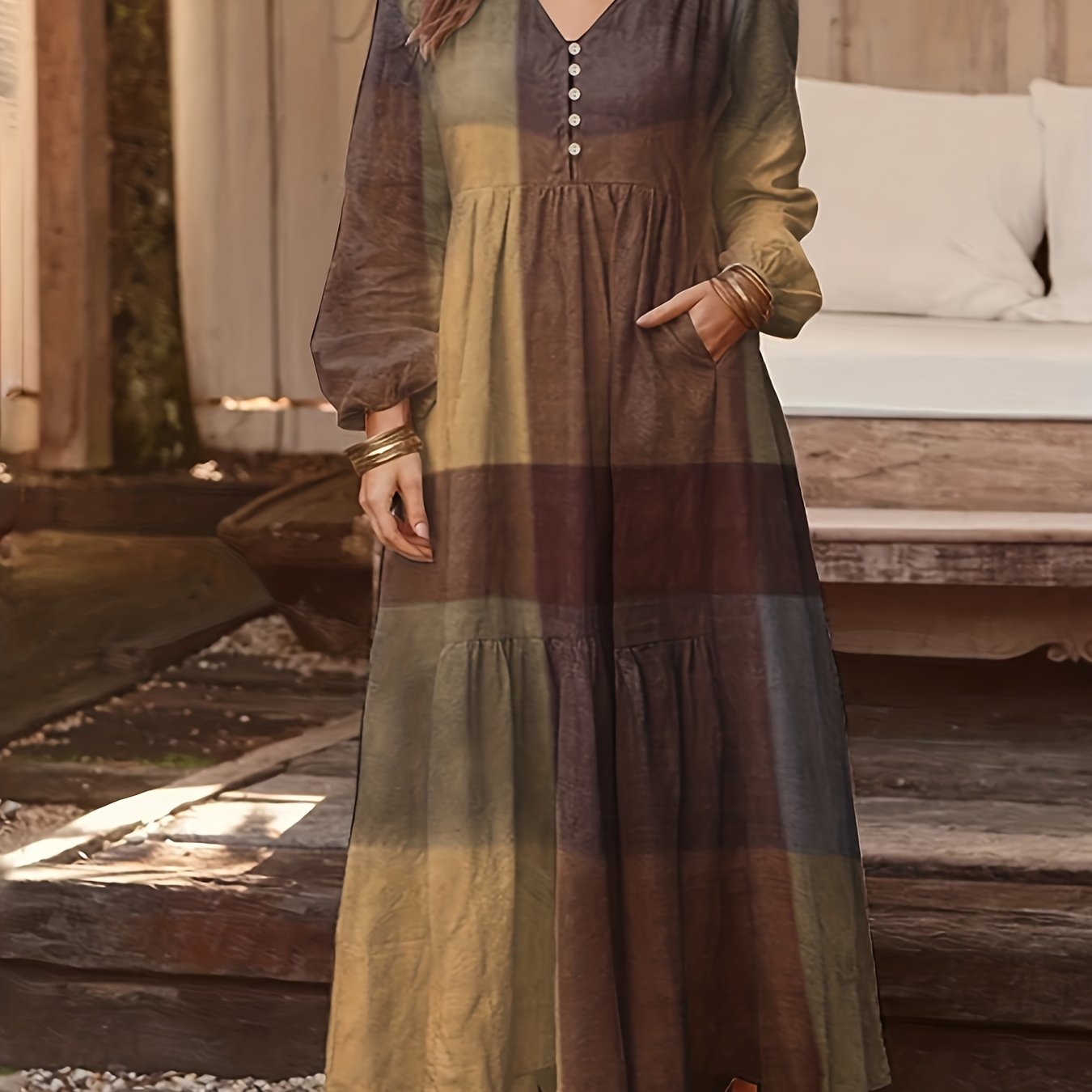 Colorblock Grid Print Maxi Dress With Pockets