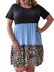  Colorblock Leopard Print Short Sleeve Dress