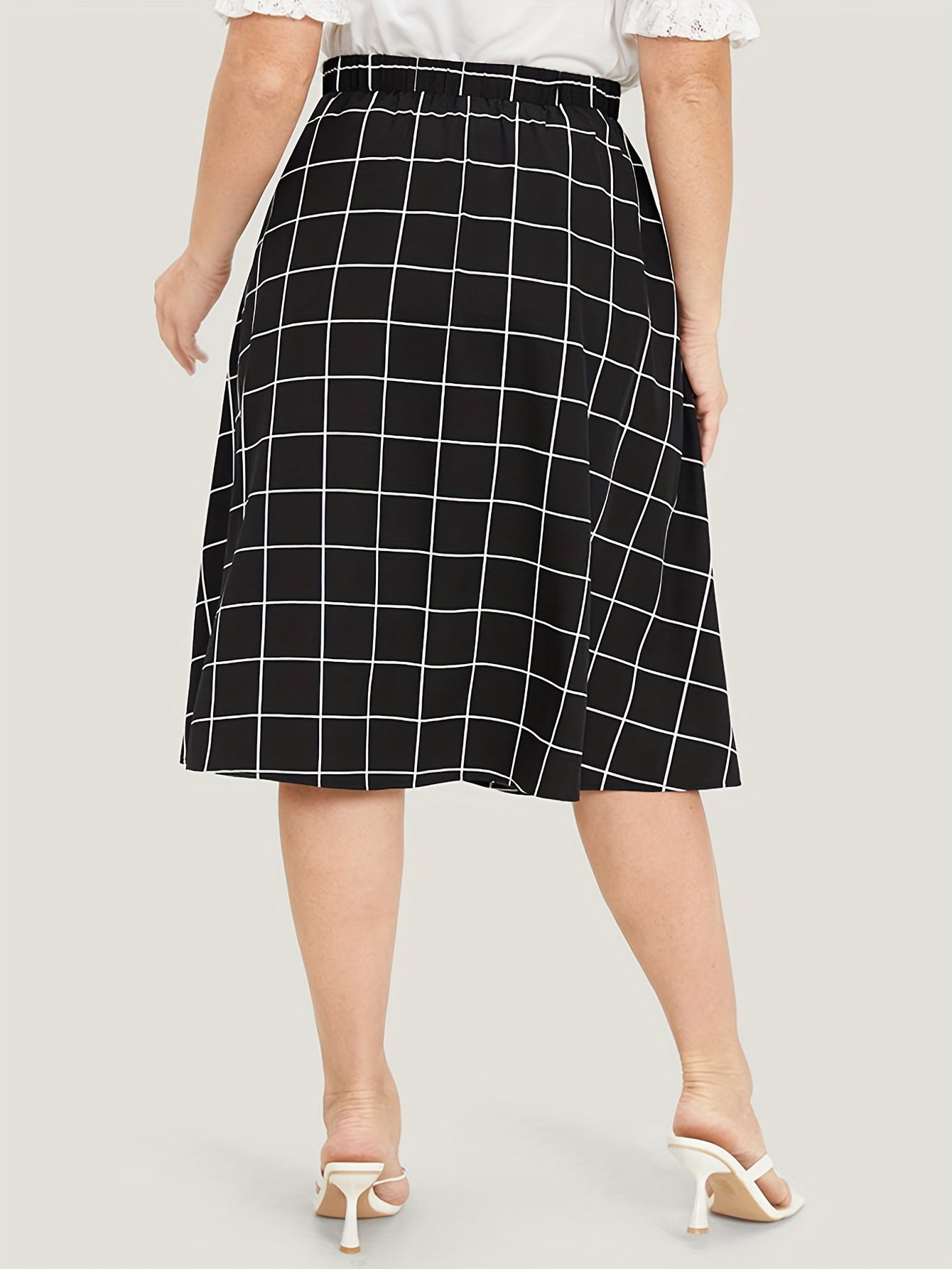 Grid Print Button Stretch Skirt