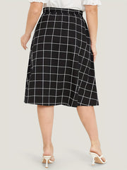  Grid Print Button Stretch Skirt