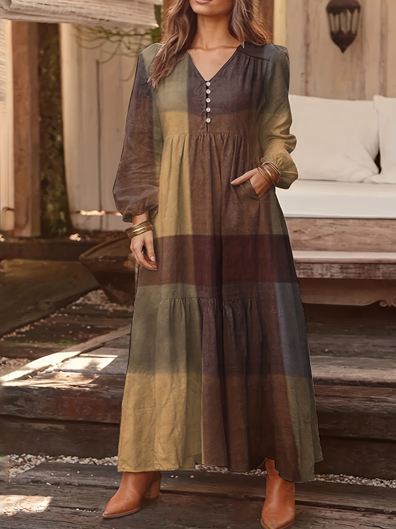  Colorblock Grid Print Maxi Dress With Pockets