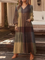  Colorblock Grid Print Maxi Dress With Pockets