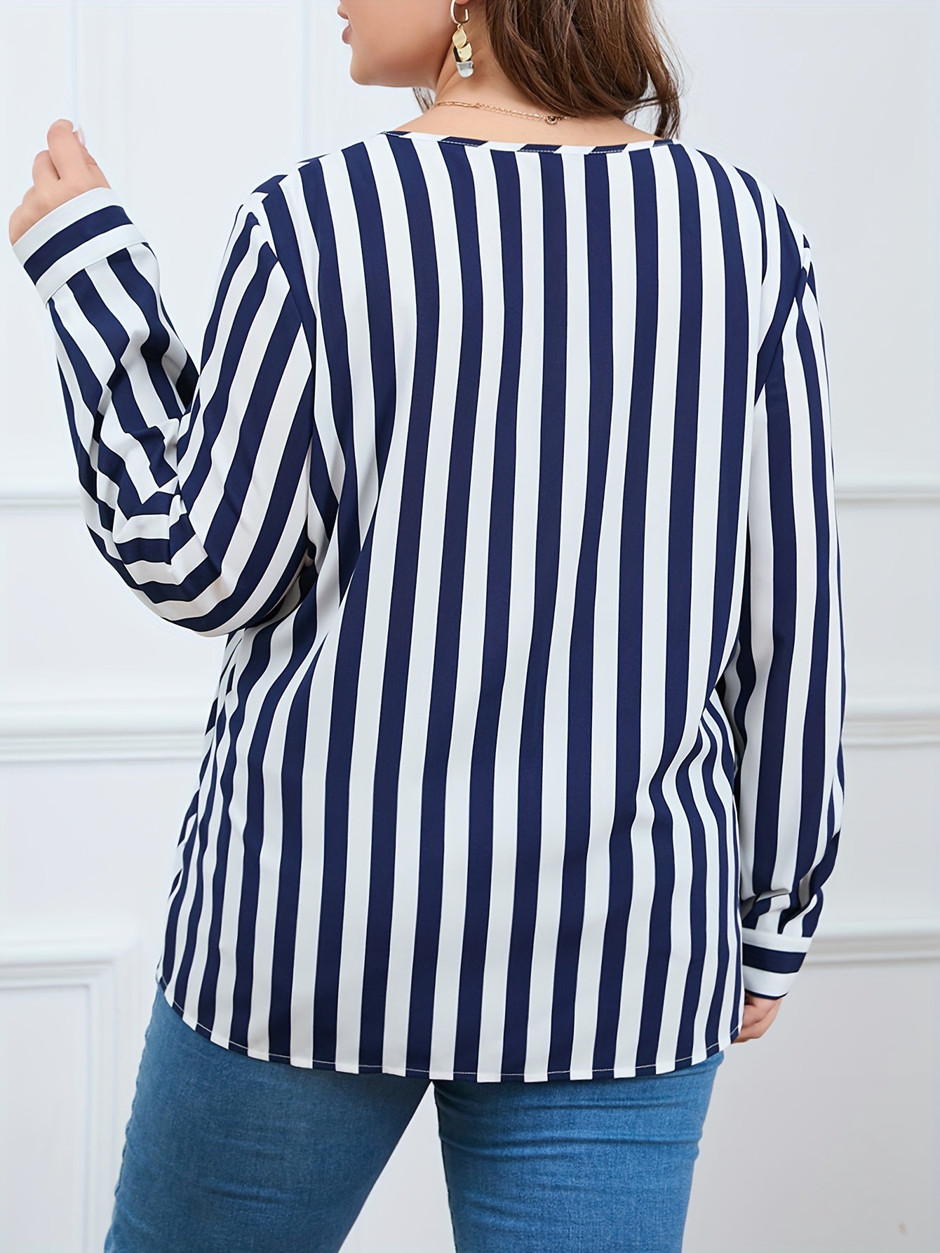  Women's Stripe Print Button Up Long Sleeve Blouse