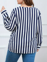  Women's Stripe Print Button Up Long Sleeve Blouse