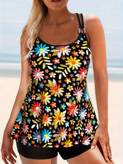  Floral Tankini Set Women's Round Neck Cami Top & Shorts Swimsuit