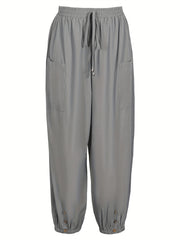 Solid Drawstring Cropped Pants Casual Elastic Waist Pants