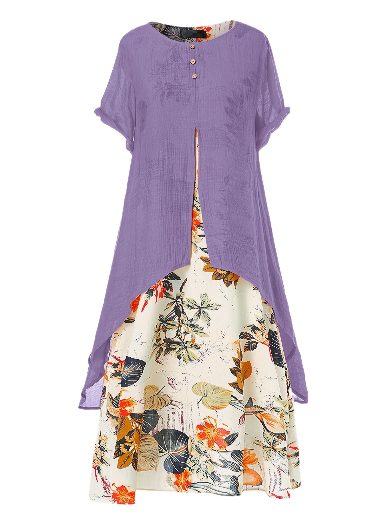 Asymmetrical Floral Print Dress Short Sleeve Crew Neck Casual Dress