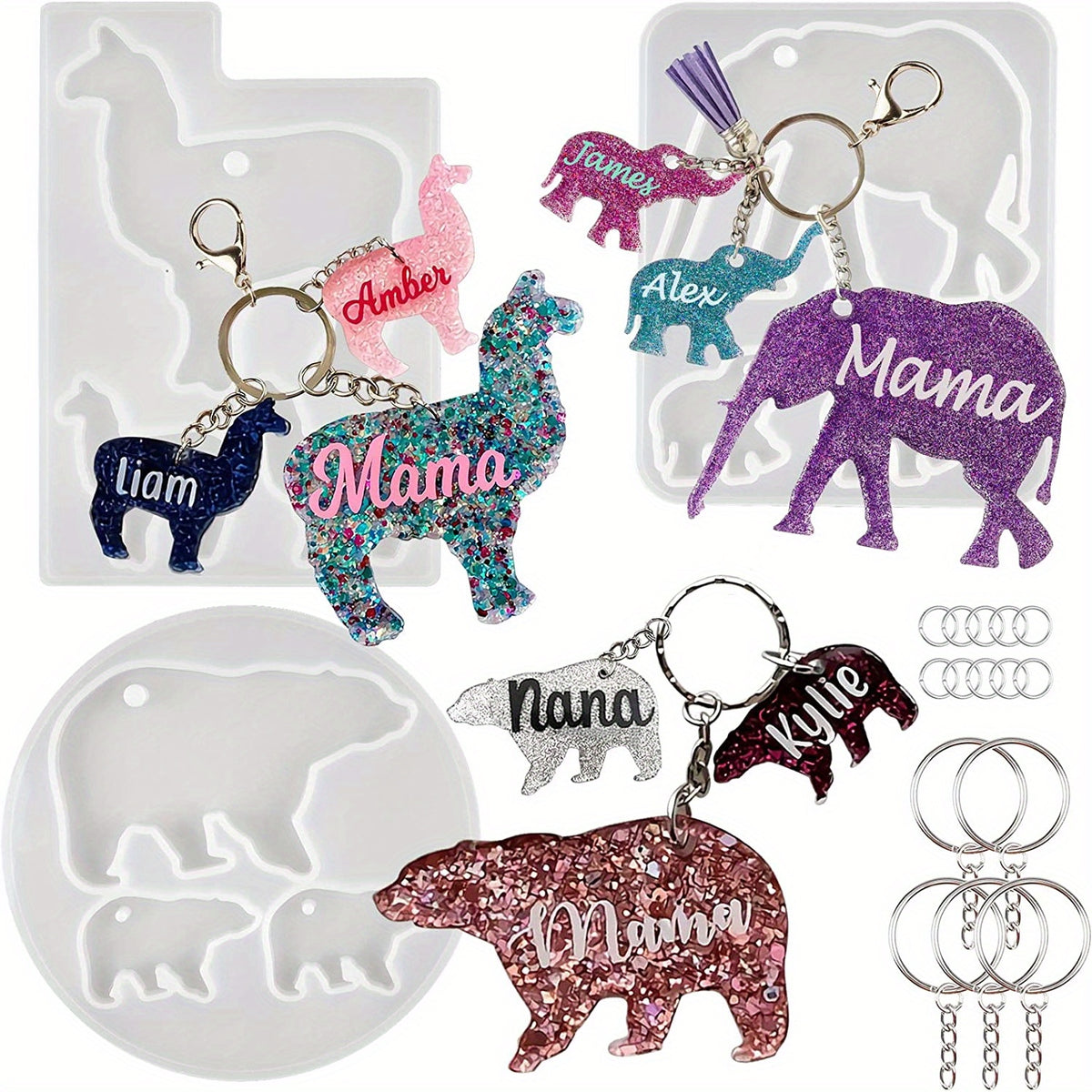 Animal Family Keychain Silicone Molds Set with Key Chain Rings