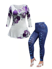  2 Piece Set Women's Floral Top & Denim Leggings Outfits