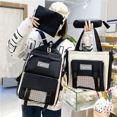 4pc Plaid Pattern Backpack Set Lightweight Travel Schoolbag Tote Crossbody Penci