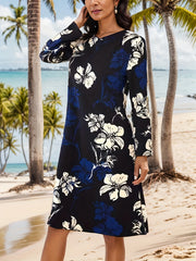  Floral Print Long Sleeve Round Neck Dress