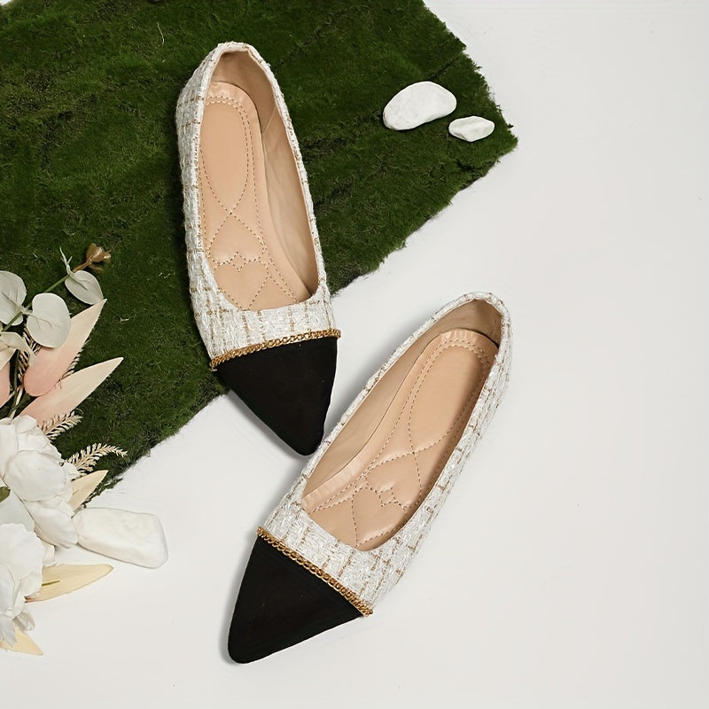 Plaid Pattern Slip On Flat Shoes Chain Detail Lightweight Pointed Toe