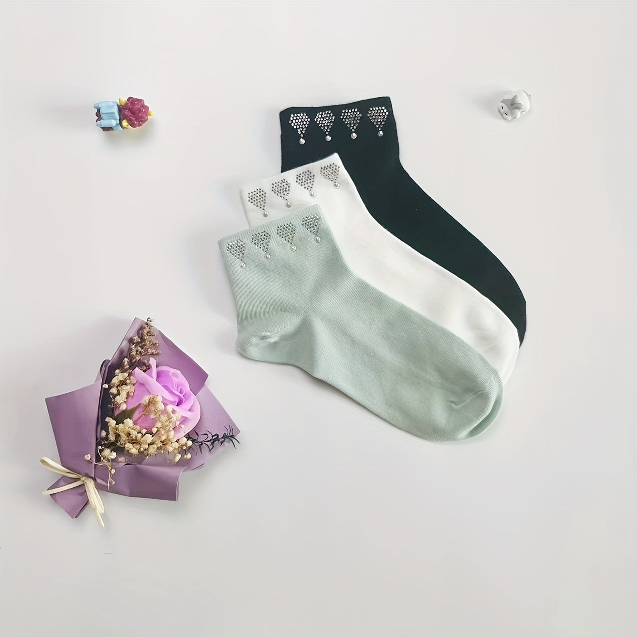 5 Pairs Heart Rhinestone Crew Socks Women's Stockings