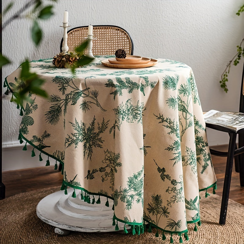 Green Pine Cone Print Round Fringed Tablecloth
