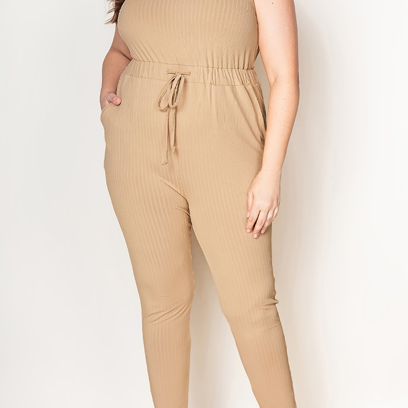  Ribbed Drawstring Tank Jumpsuit Women's Plus