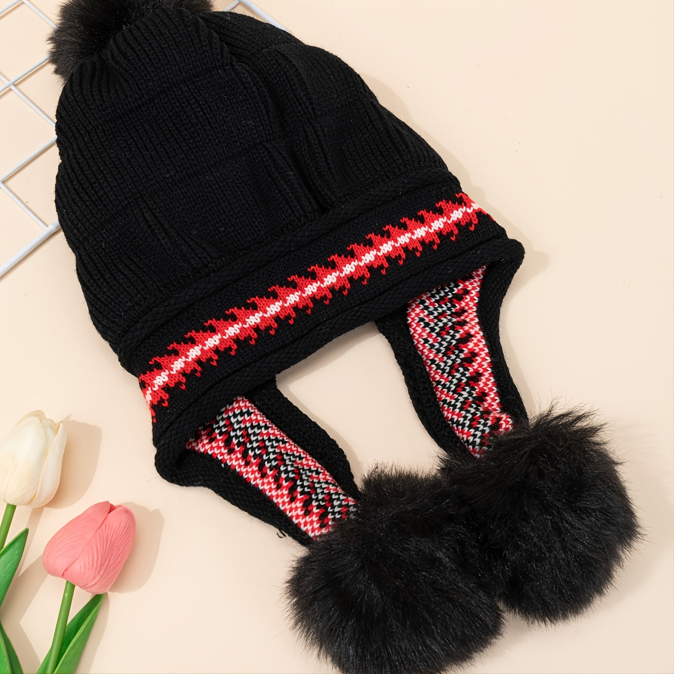 Ladies Printed Fleece Ear Protector Hat with Fur Ball