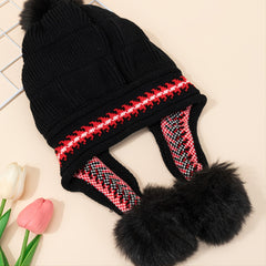 Ladies Printed Fleece Ear Protector Hat with Fur Ball