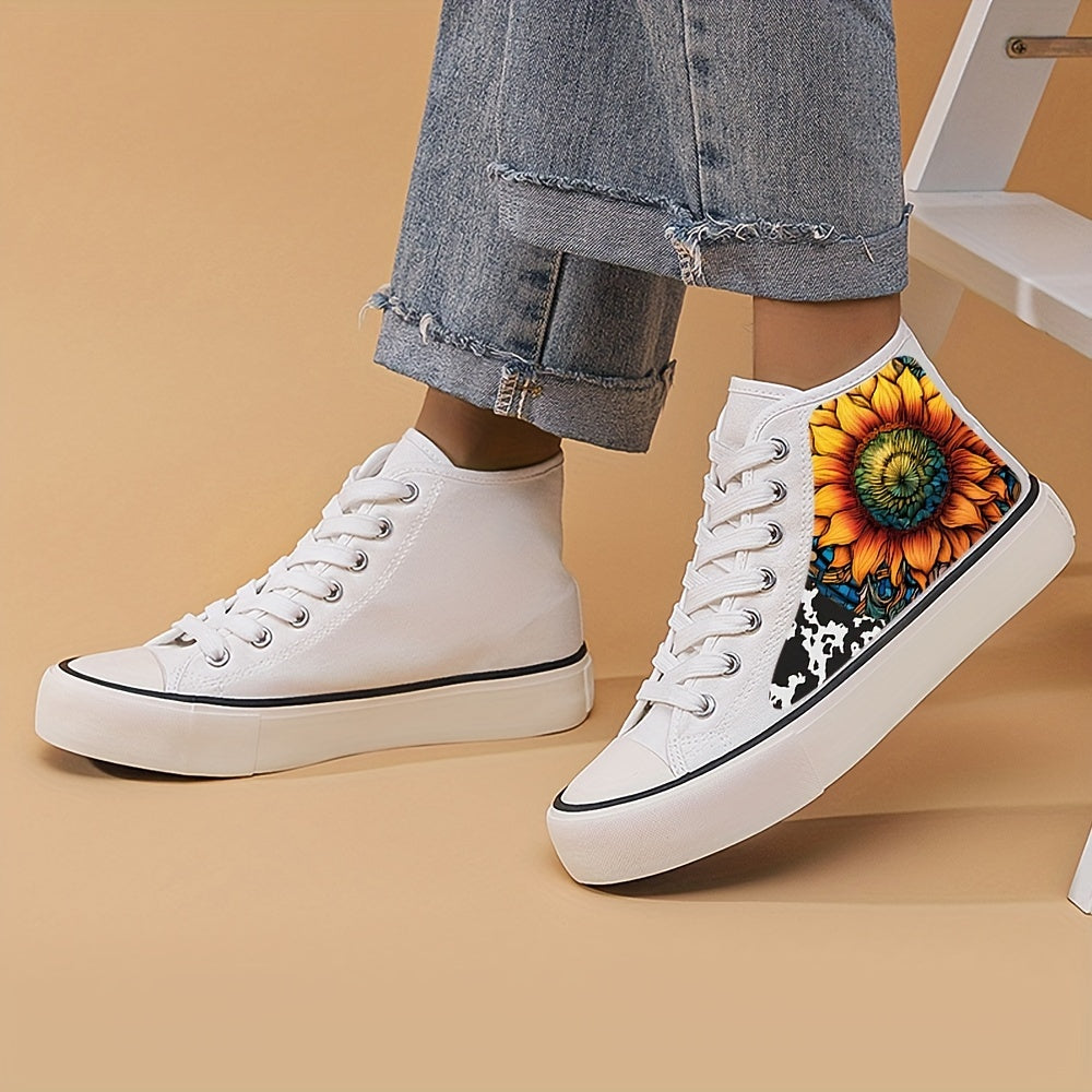 Flower Print Chunky Canvas Sneakers High Top Skate Shoes