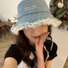 Ripped Washed Bucket Hat Unisex Tassel Denim Basin Hat Iron Label Decor