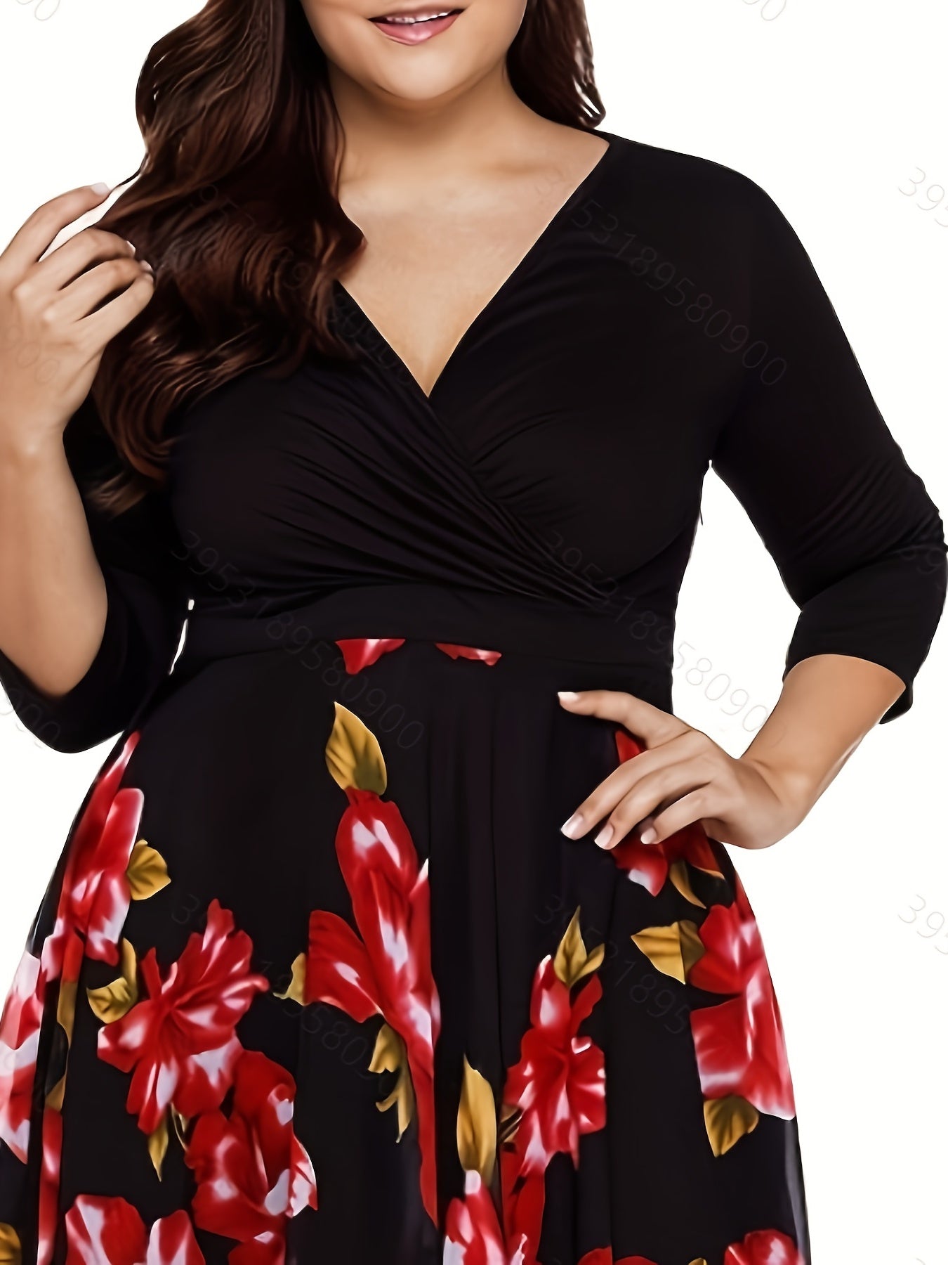  Casual Dress Women's Plus Contrast Mesh Floral Print Half Sleeve Surpl