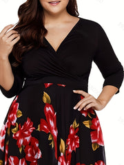  Casual Dress Women's Plus Contrast Mesh Floral Print Half Sleeve Surpl
