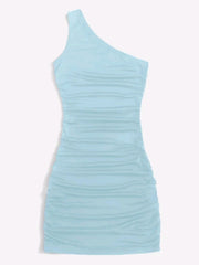 Y2K Solid One Shoulder Dress Bodycon Ruched Sleeveless Dress